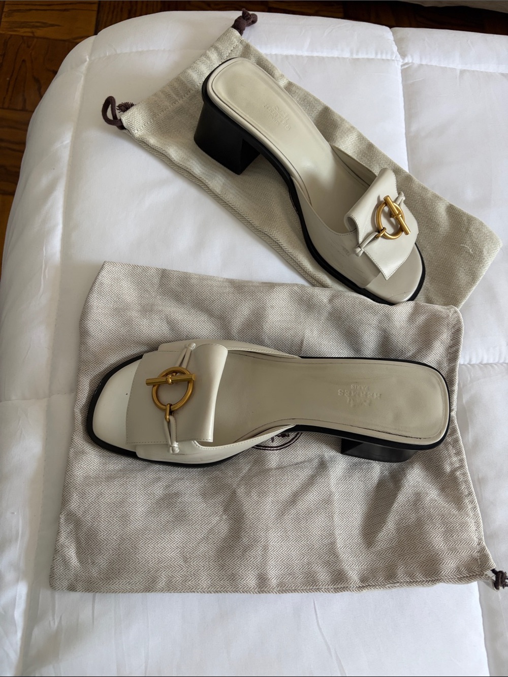 Hermes Ivory Leather Slide Mules with Gold Ring Accent